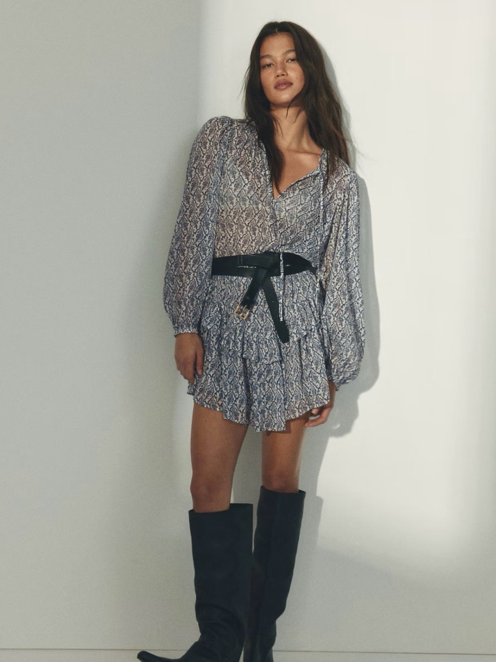H&M Navy and White Patterned Long-Sleeve Tiered Dress